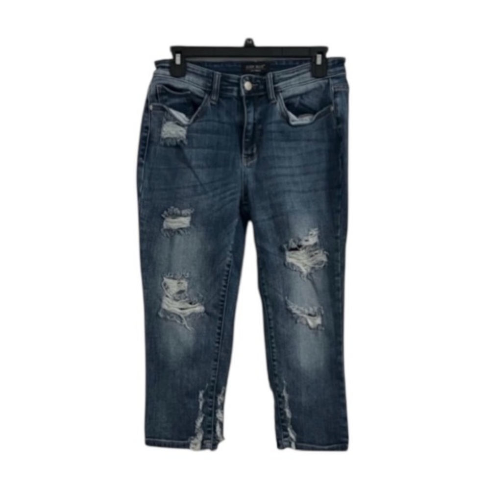 Judy Blue women’s 7 slim fit distressed dark wash denim blue jean capris